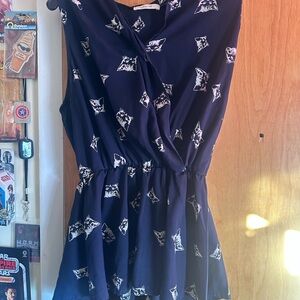 ModCloth Navy Blue Sleeveless /peplumTop with cat head Pattern